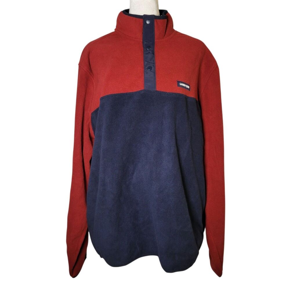 NWT Lands End Mens L Polar Fleece Snap Pullover Colorblock Red Navy Gorpcore